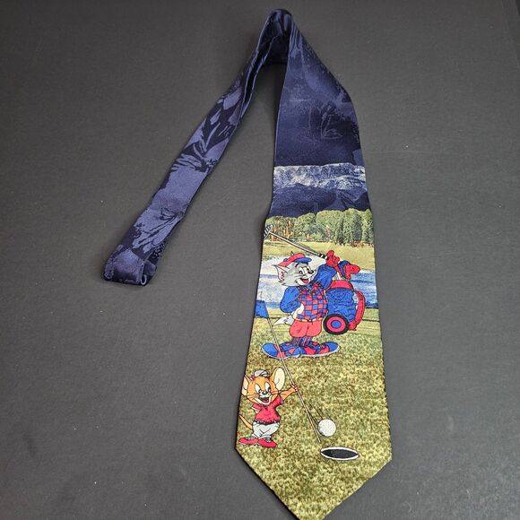 Vtg 1990s Tom and Jerry Cartoon Corner Golf Tie 100% Silk Putting Hole in One - Picture 3 of 5